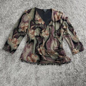 VTG Womens Top Large V Neck Ruched Waist Beaded Boho Fairy Cottagecore Metallic